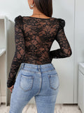 Women's Square Neck Long-Sleeve Lace Bodysuit - Puff-Shoulder Sheer Floral Slim-Fit Top with Comfortable Bottom for Casual, Party Wear - Pair with Skirts, Solid Trousers,sohochic