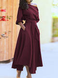 Solid Color Slanted Shoulder Strap Waist Dress