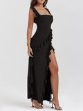 Women's French Chic Square Neck Polyester Sleeveless Spaghetti Strap Solid Color Long Maxi Dress - Lady's 1-Piece with Ruffle Detail, Thigh Split, Soft Romance, Instant Glam for Casual & Party Occasions