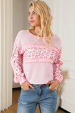 Pink Leopard Patchwork Exposed Seam Waffle Knit Top