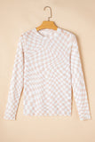 Khaki Checkered Pattern Mesh Mock Neck Long Sleeve Top