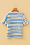 Sky Blue Stripe Contrast Crew Neck Drop Shoulder Loose Tee