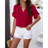 Women Split V Neck Ruffle Short Sleeve Blouse, Loose Flowy Solid Color Summer Chiffon Tunic Top Casual Stand Collar Shirt