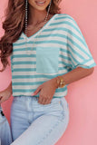 Sky Blue Stripe V Neck Patched Pocket Casual T Shirt
