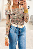 Black Floral Print Mesh Long Sleeve Foldover Off Shoulder Top