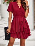 Women's Breathable Soft Chiffon Wrap V-Neck Mini Dress - Short Flutter Sleeves, Tiered Ruffles, Belted, 1-Piece Casual Evening Cocktail Formal Dress with Zipper