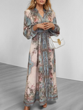 Elegant V-neck Print Long-sleeved Dress Long Dress