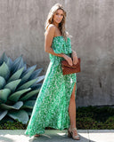 Women's Leaf Printed Strapless Ruffle Split Dress