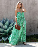 Women's Leaf Printed Strapless Ruffle Split Dress