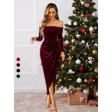 Women's Soft Off-Shoulder Long-Sleeve Velvet Midi Dress - Ruched Wrap with Slit, Accent Details Formal Cocktail Dress for Wedding Guest Evening Events