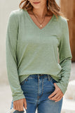 Grass Green Solid Color V Neck Long Sleeve Stretchy Top