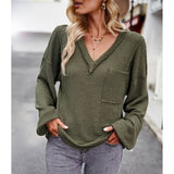 Women's Waffle Knit Raw Edge V-Neck Long Sleeve Blouse with Balloon Cuffs, Casual Loose Fit, Chest Pocket