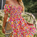 Women’s Comfortable Elegant Off-The-Shoulder Scoop Neck A-Line Mini Dress - Short Puff Sleeves, Ruffle Details, Ditsy Floral Print, Bohemian Pull-On Style for Vacations, Beach