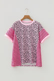 Pink Leopard Striped Patchwork Side Slit Loose Short Sleeve Top