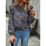 Women's Gorgeous Ditsy Floral Print Polyester Blouse - Smocked Mock Neck, Ruffle Balloon Long Sleeves, Everyday Bohemian Casual Shirt