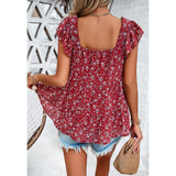 Women Ditsy Floral Square Neck Blouse Ruffle Cap Sleeve Tiered Flowy Babydoll Top Casual Summer Vacation Chiffon Shirt