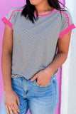 Rose Stripe Contrast Trim Round Neck Summer T Shirt