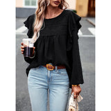 Women's Soft Feminine Swiss Dot Blouse - Long Sleeve, Round Neck with Lace Cutout, Loose Flowy Casual Comfy Boho Tunic Top with Soft Fabric