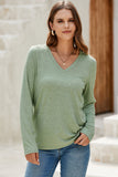Grass Green Solid Color V Neck Long Sleeve Stretchy Top