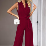 Women's Collared Neck Sleeveless Long Elastane Solid Overalls - Minimalist Classic Casual Chic Comfortable Business Jumpsuit, Spring-Summer Commuting Workwear Essential