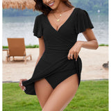 Women's V-Neck Flounce Short-Sleeve Tummy-Control Ruched-Waist Modest 1-Piece Swim Dress, Swimsuit for Women, Ideal for Beach & Pool