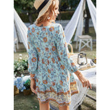 Women's Retro Bohemian Beach Casual Mini Dress - V-Neck, 3/4 Puff Sleeves, Lightweight Soft Elastic Ruffle Tiered Flowy Floral Print, Button Tassel Tie Breathable Summer Dress