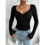 Twist Front V Neck Long Sleeve Top for Women, Slim Fit Thumb Hole Solid Crop Tee, Stretchy Basic Going Out Shirt