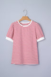 Red Stripe Contrast Trim Round Neck Short Puff Sleeve T Shirt