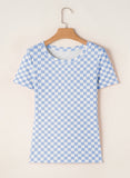 Sky Blue Checkered Ribbed Slim Fit Crew Neck T Shirt
