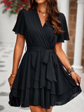 Women's Breathable Soft Chiffon Wrap V-Neck Mini Dress - Short Flutter Sleeves, Tiered Ruffles, Belted, 1-Piece Casual Evening Cocktail Formal Dress with Zipper