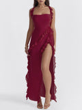 Women's French Chic Square Neck Polyester Sleeveless Spaghetti Strap Solid Color Long Maxi Dress - Lady's 1-Piece with Ruffle Detail, Thigh Split, Soft Romance, Instant Glam for Casual & Party Occasions