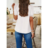Women's Mock Neck Puff Short Sleeve Blouse, Elegant Lace Trim Pleated Front Loose Fit Summer Chiffon Tunic Top for Office Casual