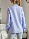 Women's Striped Stand-Collar Blouse - Ruffled Trim, Long Sleeves, Button-Front Top, Elegant Style Piece for Everyday Casual Commuting, Pair with Jeans