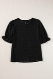 Black Flower Eyelet Jacquard Keyhole Flounce Sleeve Top