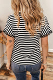 Black Striped Print V Neck Delicate Trim Casual Tee