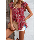 Women Ditsy Floral Square Neck Blouse Ruffle Cap Sleeve Tiered Flowy Babydoll Top Casual Summer Vacation Chiffon Shirt