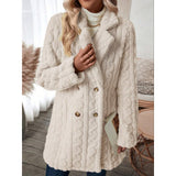 Women's Vintage Cable Knit Warm Plush Mid-Length Coat - Lapel, Double Breasted, 2-Button, Full Sleeves, Casual Winter Outerwear, Buttoned Women's Fleece Jackets (Vintage Clothing)