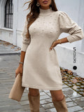 Women's pearl-embellished high-neck knit sweater dress with puff long sleeves, slim fit, bodycon, short length