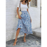 Women's Square Neck Short Sleeve Ribbed Knit High Waist Flowy Boho Midi Dress - Floral Accents Casual Dresses for Daily, Holiday Wear, Women's Dresses
