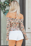 Black Floral Print Mesh Long Sleeve Foldover Off Shoulder Top