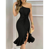 Women's Chic 1-Shoulder Asymmetric Knot-Front Comfortable Midi Bodycon Dress - Ruffled Hem, Split Design, for Evening Cocktail & Party Occasions, Flattering Fits