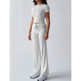 Women's 2-Piece Casual Tracksuit, Short Sleeve Crop Top & High Waist Flare Pants, 2 Piece Sets Women