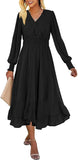 Women's Casual Wrap V Neck Long Sleeve Smocked High Waist A Line Flowy Midi Dress