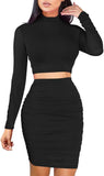 Women's Sexy Bodycon 2 Piece Outfits Dress Long Sleeve Crop Top Ruched Skirt