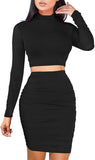 Women's Sexy Bodycon 2 Piece Outfits Dress Long Sleeve Crop Top Ruched Skirt
