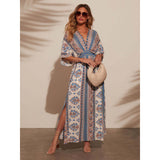 Women's Ethnic Print Bohemian Casual V-Neck Maxi Dress - Short Batwing Sleeves, Elastic Waist, Side Split, Flowy, Chic, Comfortable for Vacation, Beach