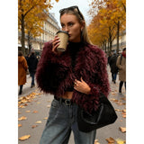 Women Shaggy Faux Fur Cropped Jacket, Long Fluffy Mongolian Faux Fur Open Front Short Coat, Trendy Fall Winter Streetwear Outerwear for Night Out Party