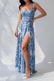 Women Sexy Printed V-Neck Suspender Dress Long Dress
