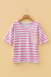 Pink Stripe V Neck Patched Pocket Casual T Shirt