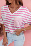 Pink Stripe V Neck Patched Pocket Casual T Shirt